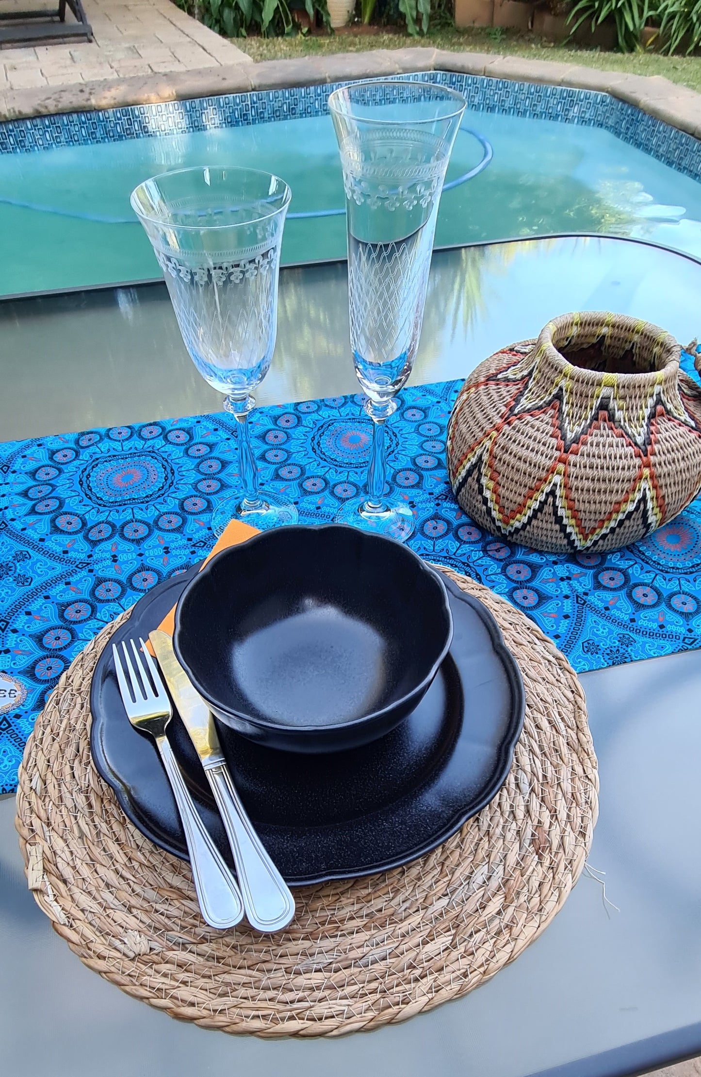 Sky Blue Shweshwe runner and weights set