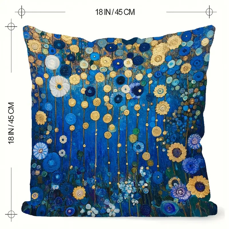 1 Gustav Klimt Style Blue and Golden Abstract Garden Flowers Cushion