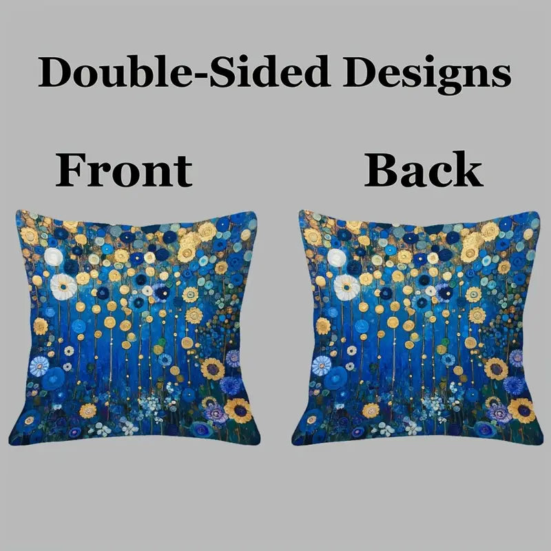 1 Gustav Klimt Style Blue and Golden Abstract Garden Flowers Cushion