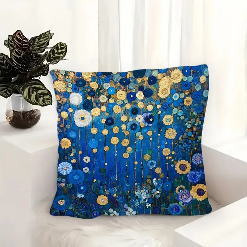 1 Gustav Klimt Style Blue and Golden Abstract Garden Flowers Cushion