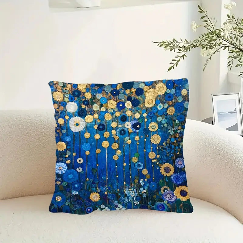 1 Gustav Klimt Style Blue and Golden Abstract Garden Flowers Cushion