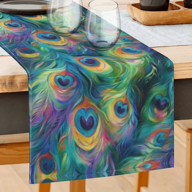 Exotic Peacock Feather Pattern Table Runner