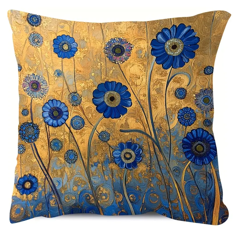 Gustav Klimt Style Blue & Golden Abstract Floral Decorative Cushion