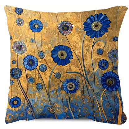 Gustav Klimt Style Blue & Golden Abstract Floral Decorative Cushion