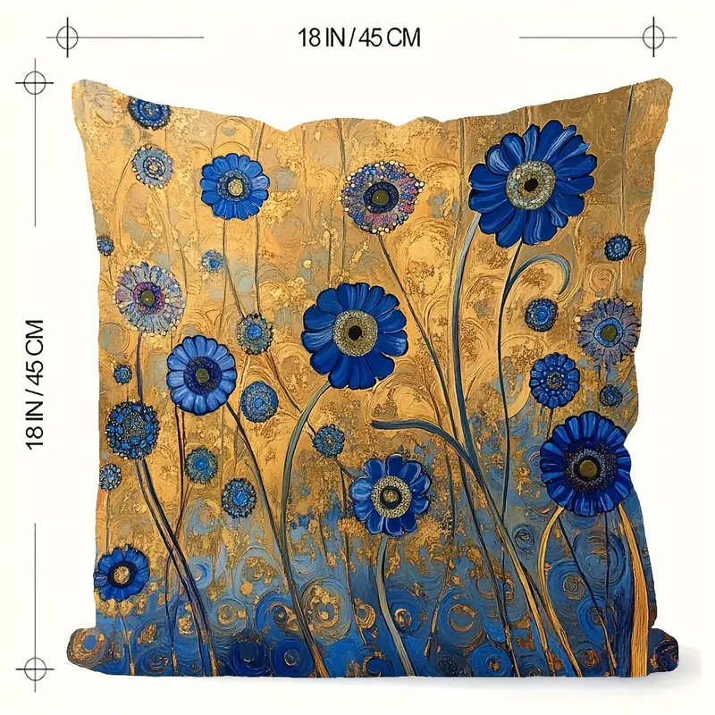 Gustav Klimt Style Blue & Golden Abstract Floral Decorative Cushion