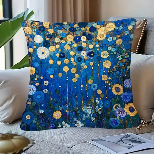 1 Gustav Klimt Style Blue and Golden Abstract Garden Flowers Cushion
