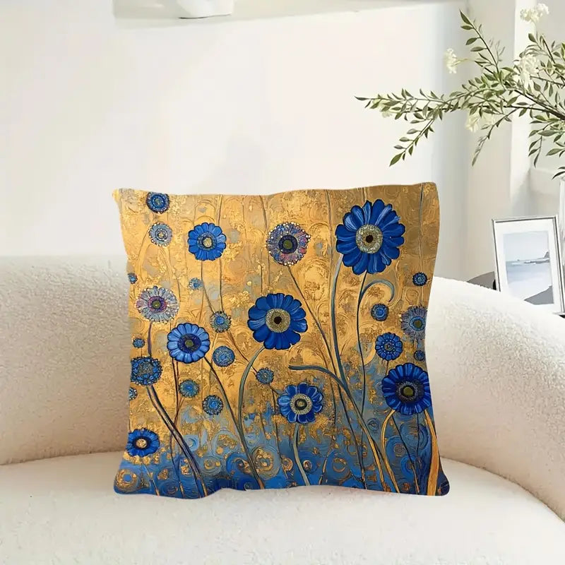 Gustav Klimt Style Blue & Golden Abstract Floral Decorative Cushion