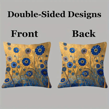 Gustav Klimt Style Blue & Golden Abstract Floral Decorative Cushion